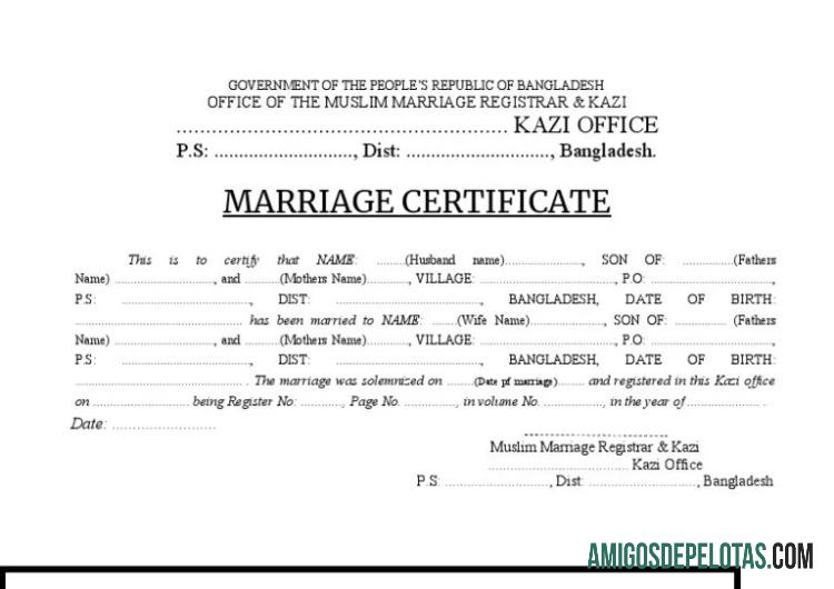 Certidão de casamento do registrador de casamento muçulmano de Bangladesh amostra